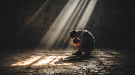 A man sits on the ground with his head lifted from his hands, illuminated by light breaking through a dark area, conveying hope and recovery.の素材