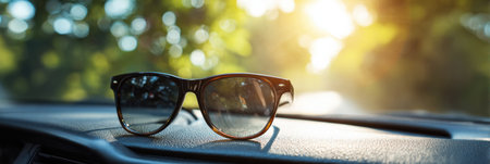A pair of stylish sunglasses sits on a car dashboard while sunlight filters through trees, creating a captivating bokeh effect in the background.の素材