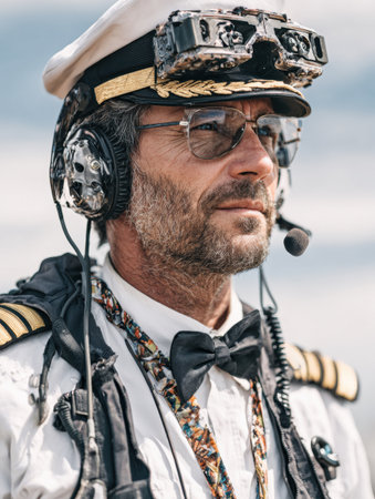 A skilled pilot controls robot drones with headset glasses, showcasing technology in a vivid outdoor setting filled with action.の素材