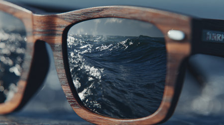 Close-up shot of sunglasses showing ocean waves in their reflections, highlighting a tranquil beach scene under a clear sky.の素材