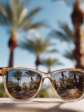 Mirrored sunglasses capture palm trees under a clear blue sky, evoking a tranquil vacation atmosphere ideal for sun seekers and wanderers.の素材