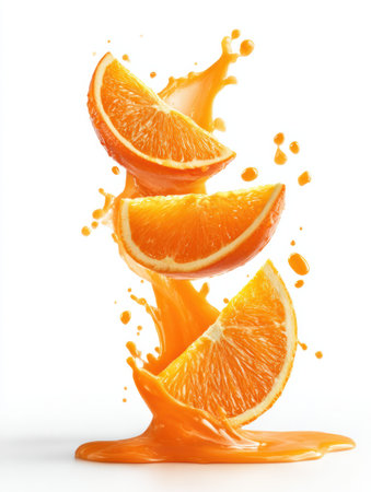 Fresh orange slices tumble with a dynamic splash of juice against a clean white background, highlighting their juicy texture and color.の素材