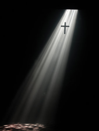 Light emerges in a cross shape from the darkness, representing hope and healing in a serene environment, inspiring a sense of peace.の素材