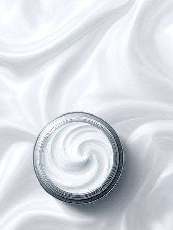 An open jar of skincare cream features a soft swirl texture and sits on a smooth white background, ideal for beauty routines.の素材