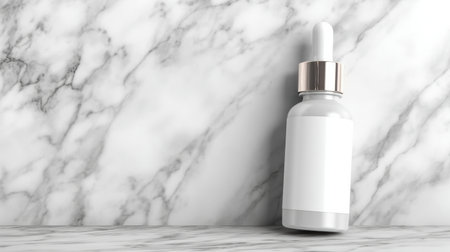 A serum dropper bottle stands on a sleek marble surface, showing a clean design with a minimal label emphasizing elegance and simplicity.の素材