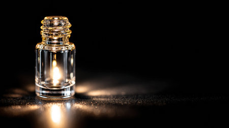 A glass ampoule emits a soft glow against a dark background, representing precision and care, creating a calming atmosphere.の素材