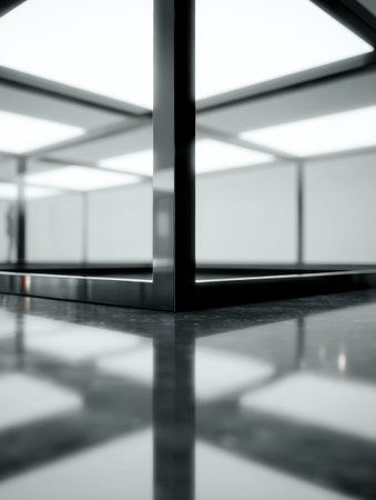 Stylish optical product display showcasing a modern design in a minimal studio setup with a soft, blurred reflection on the surface.の素材