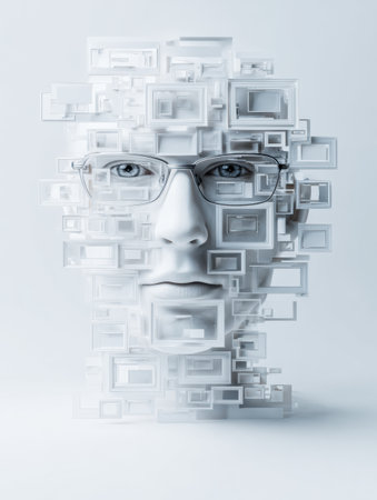 A robot face is constructed from various lenses and frames, showing the intersection of human and artificial intelligence in art.の素材