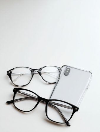 Flat lay composition of modern glasses and a smartphone on a clean white table showcases a stylish, minimalist aesthetic perfect for any workspace.の素材