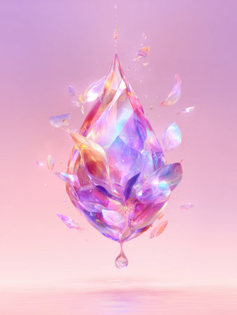A drop of serum is morphing into a radiant crystal, highlighting a theme of purity and innovation in a soft, pastel background.の素材