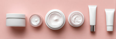 Skincare jars and cream tubes are arranged in a clean layout on a soft pastel pink surface, showing a minimalist aesthetic for beauty products.の素材