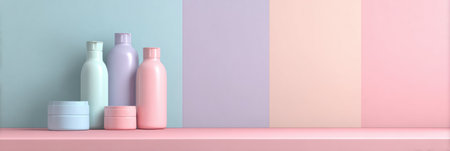 Colorful dermocosmetic bottles are arranged neatly on a counter with a pastel backdrop, showing their appealing design and branding.の素材