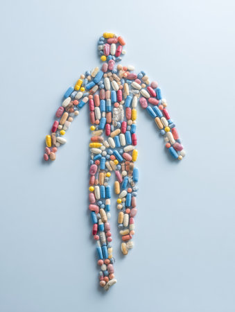 Pills and capsules of various colors are arranged to form a human silhouette, illustrating the concept of health and wellness.の素材