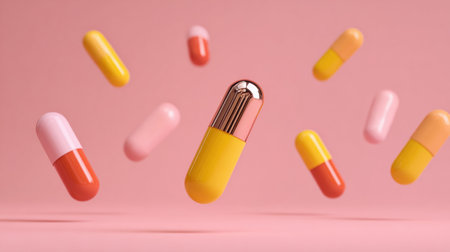 A small, clear drop falls from a dropper above various pastel capsules, creating a calming and modern scene in soft pink hues.の素材