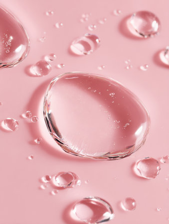 Macro detail of shiny serum smear and water droplets on a smooth pink surface captures the essence of beauty and skincare.の素材