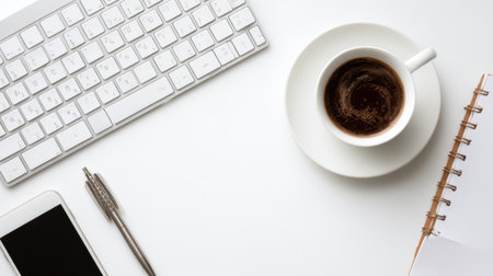 Clean and simple office desk setup includes a keyboard, coffee cup, notebook, and smartphone for effective productivity in a workspace.の素材