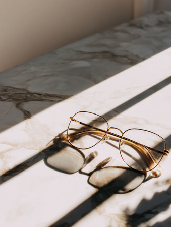 Elegant rimless glasses are placed on a polished marble surface with gentle shadows and minimal light creating a calm atmosphere.の素材