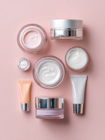 Skincare jars and cream tubes are neatly arranged on a soft pastel pink surface, showing a clean and modern layout perfect for beauty lovers.の素材