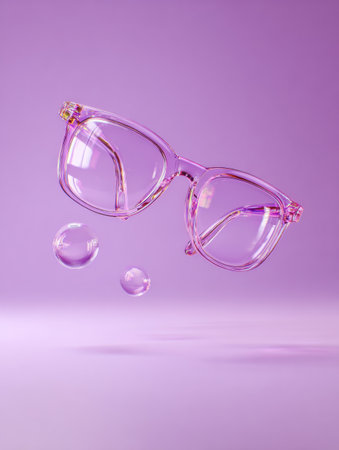 Glasses hover gracefully above a smooth background, highlighted by soft purple tones and delicate bubbles enhancing the futuristic vibe.の素材