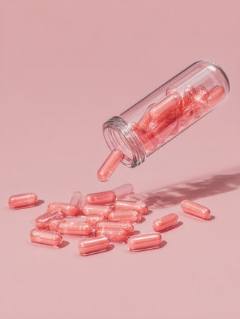 Soft pastel tones highlight a dropper releasing a single drop of pink medicine over scattered capsules, creating a calming visual scene.の素材