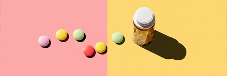 A pill bottle sits beside a line of colorful candies, all casting soft shadows on a pastel surface during daylight hours, creating a serene scene.の素材