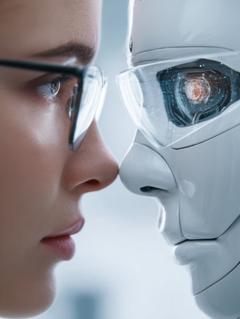 In a clean and modern environment, a robot optometrist scans the eyes of a human patient, showing advanced eye care technology.の素材