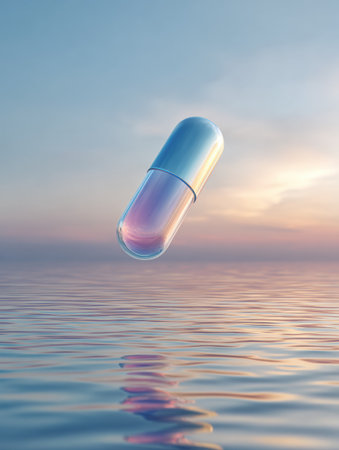 A white and blue capsule hovers gracefully above the calm water surface during a tranquil sunset, embodying a futuristic vibe.の素材