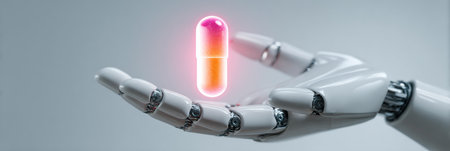 A robotic hand holds a bright capsule, symbolizing advancements in health technology and futuristic medical solutions.の素材