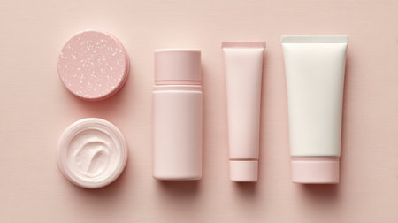 Flat lay features display assorted skincare jars and cream tubes on a soft pastel pink surface, highlighting a clean and minimal layout.の素材