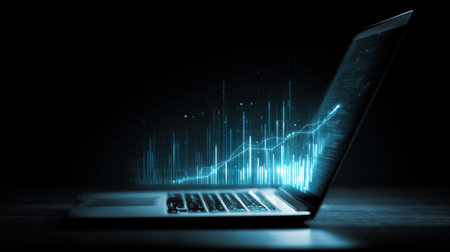 A laptop shows glowing data charts in a dark workspace, illustrating digital business analytics and performance tracking.の素材