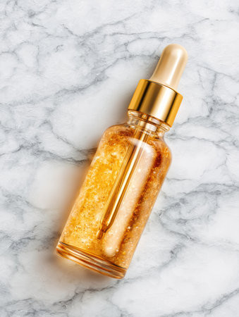 A serum dropper bottle with a simple label shines on a smooth marble surface, enhancing the beauty of skincare products.の素材