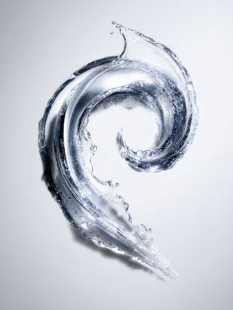 A graceful swirl of transparent liquid captures the essence of skincare innovation, creating a droplet that suggests purity and freshness.の素材