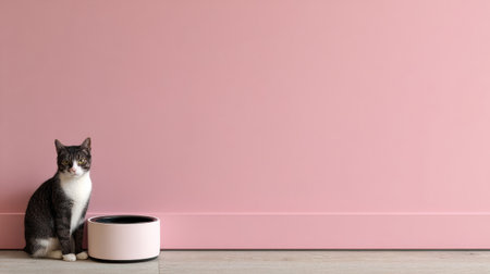 A relaxed cat rests beside its food bowl, set against a soft pastel backdrop in a tidy indoor space.の素材