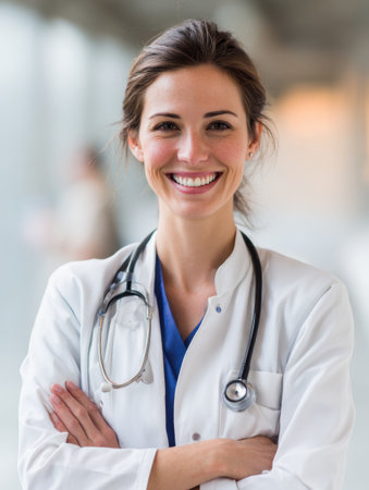 Doctor in a white coat smiles warmly, showing friendliness and professionalism in a clinical environment.の素材