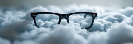 An optical frame rises from a thick layer of soft fog, representing the journey from confusion to clarity in a tranquil scene.の素材