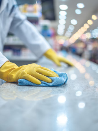 Pharmacist wearing gloves wipes down a counter surface in a clean, organized area that emphasizes health and safety practices.の素材