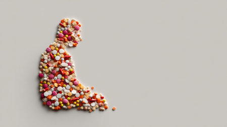 A human silhouette made entirely of various pills illustrates a concept of health and wellness, promoting awareness of medication and care.の素材