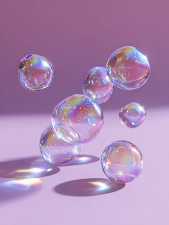 Floating lenses hover in a serene space, catching gradient light and casting dreamy reflections on a smooth surface.の素材