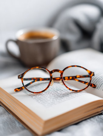 A pair of glasses rests on an open book beside a cup of coffee, illuminated by soft morning light creating a warm atmosphere.の素材