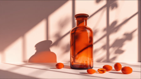 An amber vitamin bottle stands on a surface, showcasing sunlight reflections and scattered round supplements nearby, creating a warm atmosphere.の素材