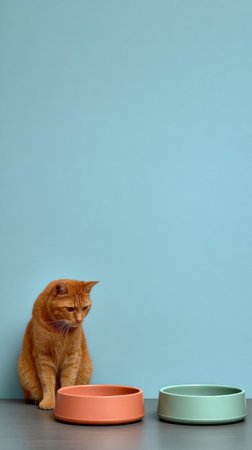 A cat quietly sits next to its food bowl in a softly colored space, creating a serene and minimalist atmosphere perfect for relaxation.の素材
