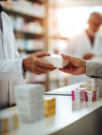 A pharmacist hands a box of medicine to a customer in a clean and bright pharmacy, showing excellent customer service and care.の素材