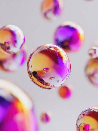 Floating spheres with colorful reflections create a futuristic feeling while exploring the blend of art and technology in a unique visual experienceの素材
