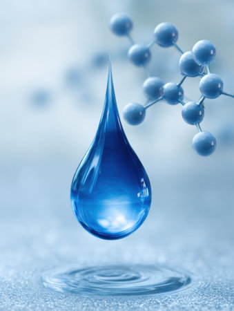 A blue skincare droplet descends toward a molecular structure, showing a clean and modern science aesthetic ideal for skincare visuals.の素材