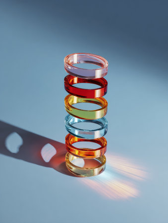 Surreal scene features floating colored lenses stacked vertically, revealing gradient light effects and casting soft shadows on a surface.の素材