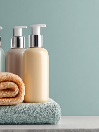 A collection of dermocosmetic bottles rests on a counter, alongside a soft towel, set against a soothing pastel background.の素材