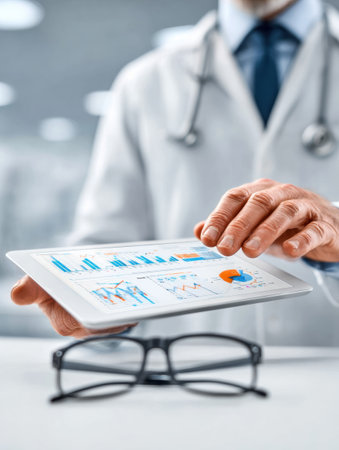 A doctor reviews vision results on a tablet, with glasses on the table, showing modern medical tech in a clinical setting.の素材