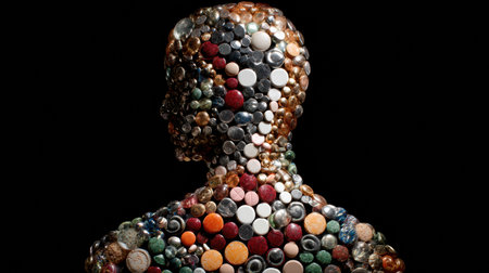 A vibrant silhouette of a human figure made of colorful pills showcases the link between health, wellness, and modern medicine.の素材