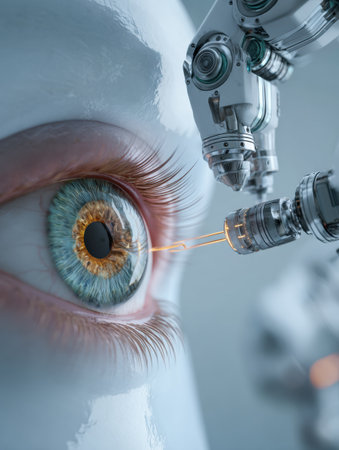 A robot optometrist carefully scans human eyes using advanced technology in a sleek, futuristic clinic environment designed for eye care.の素材