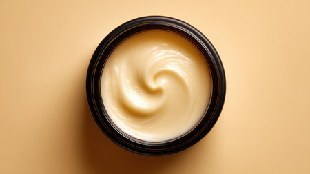 An open jar of face cream reveals a smooth, creamy texture. The light highlights the product, creating a visually appealing scene.の素材